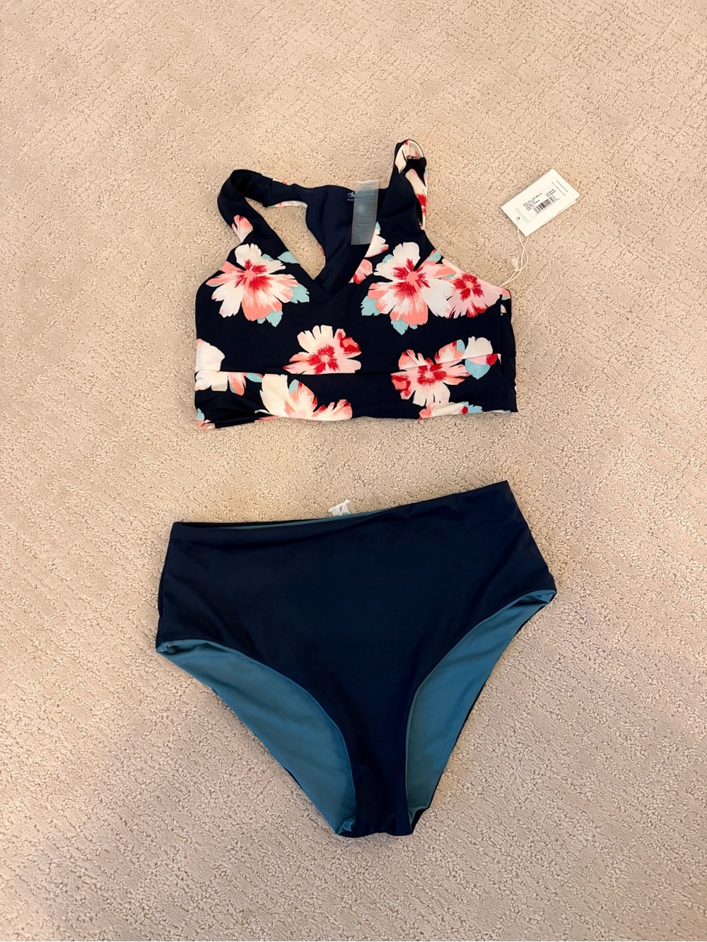 Carve Designs Navy Floral Crossback Bikini Set with Pink Flowers